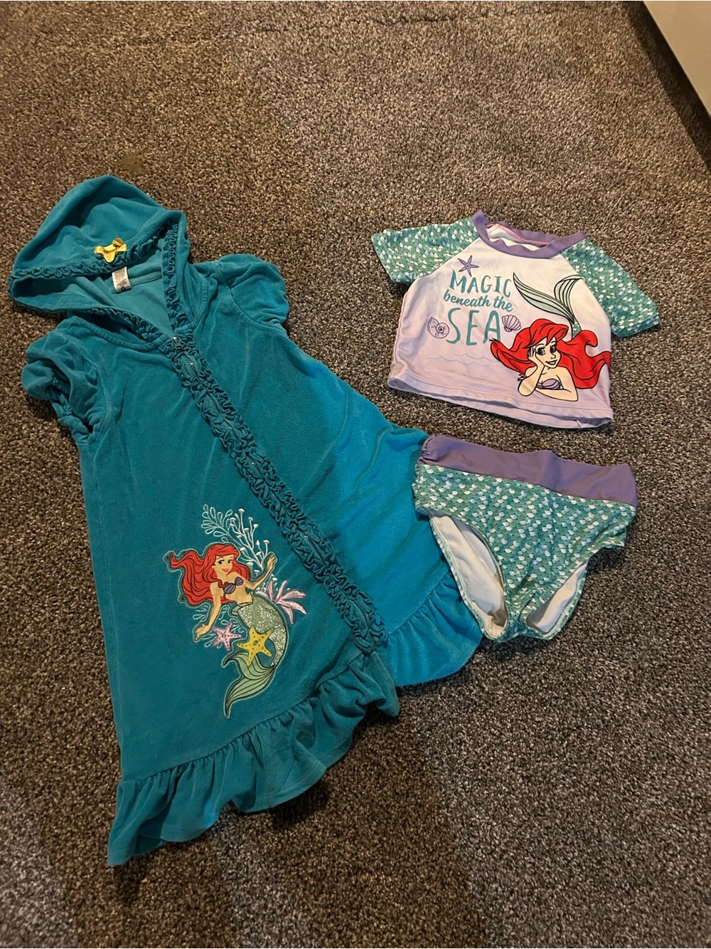 Girls Disney Teal & Purple Ariel Mermaid Swim Set 7/8 with Hooded Cover-Up 9/10